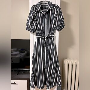 Ann Taylor navy+white striped midi shirtdress